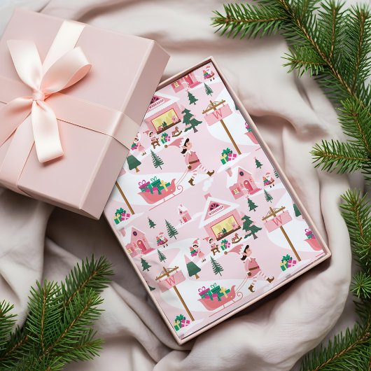 North Pole Elf Workshop Santa Claus Pink Village Tissuepapier