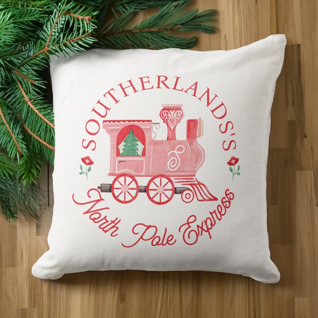 North Pole Express Roze  treinmonogram Kussen (North Pole Express Pink Vintage Train Monogram Throw Pillow)