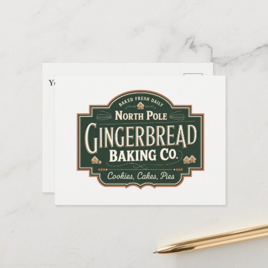 North Pole Gingerbread Baking Company voeg bericht Feestdagenkaart (Voorkant / Achterkant in situ)