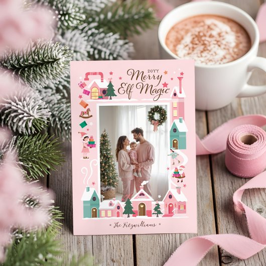 North Pole Pink Elf Workshop Santa Photo Feestdagenkaart
