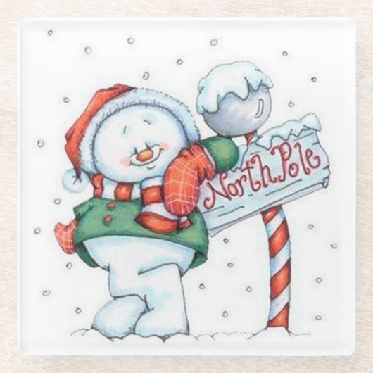 North Pole Snowman Glazen Onderzetter (Voorkant)
