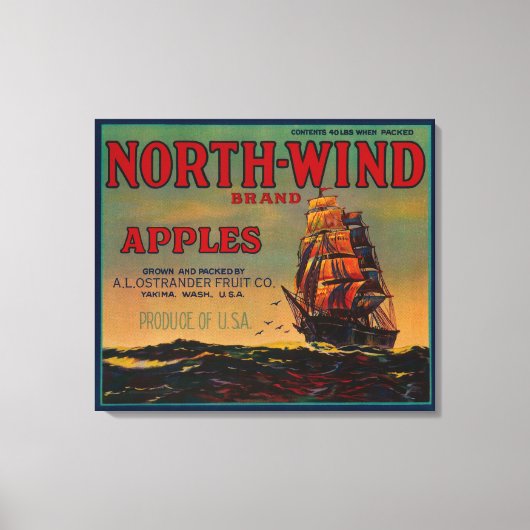 North Wind Apple Crate LabelYakima, WA Canvas Afdruk (Voorkant)