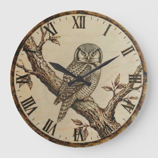 Northern Hawk Owl Wood Clock Grote Klok (Voorkant)