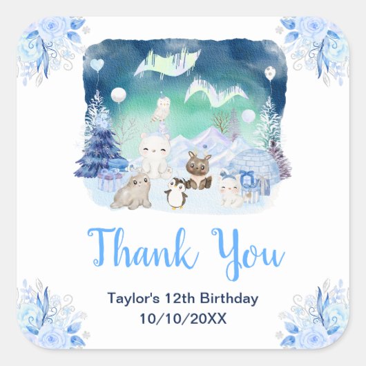Northern Lights Animals Birthday Party Thank You Vierkante Sticker (Voorkant)