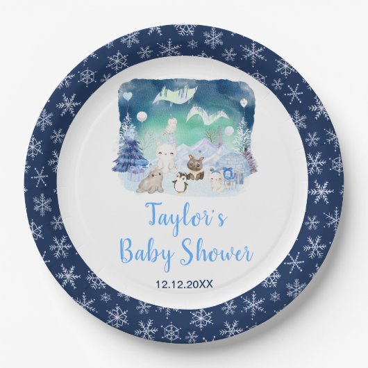 Northern Lights Arctic Animals Baby Shower Papieren Bordje (Voorkant)