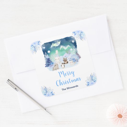 Northern Lights Arctic Animals Merry Christmas Vierkante Sticker (Envelop)