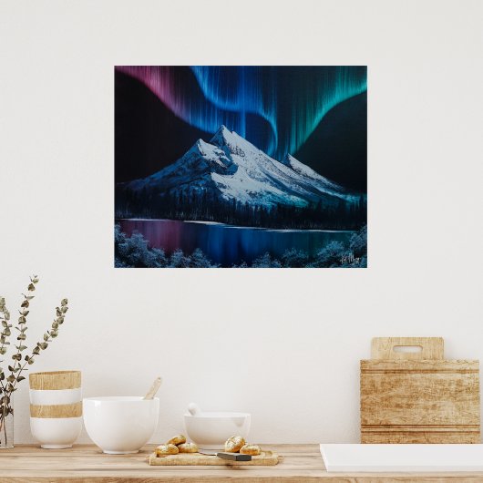 Northern Lights Bob Ross - geïnspireerd landschap Poster (Keuken)