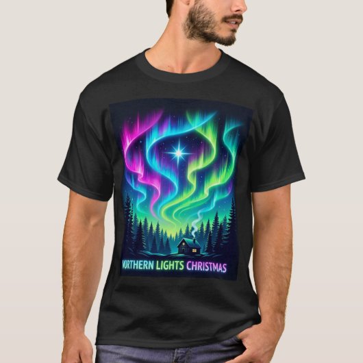 Northern Lights Christmas Cabin – Aurora Holiday M T-shirt (Voorkant)