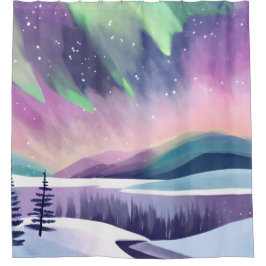 Northern Lights Colorful Winter Night Watercolor Douchegordijn