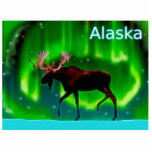 Northern Lights Moose - Alaska Fotobeeldje Magneet<br><div class="desc">Een ooit zo licht gestileerd afbeelding van een mos gesilhoueterd tegen de Noordelijke Lichten. De tekst die "Alaska"leest verschijnt in gloeiend blauw en wit.</div>