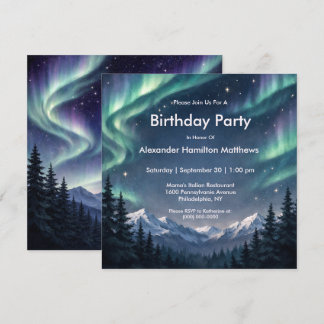 Northern Lights Mountain Forest Birthday  Kaart