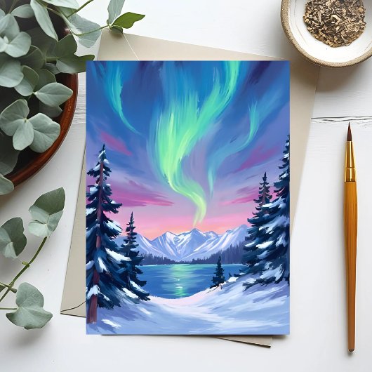 Northern Lights | Mountains Winter Watercolor Briefkaart
