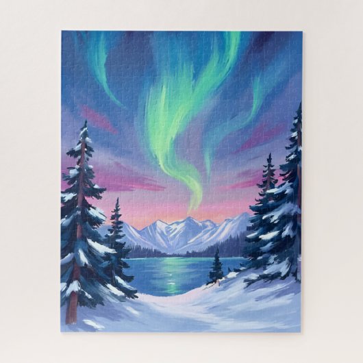 Northern Lights | Mountains Winter Watercolor Legpuzzel (Verticaal)