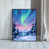 Northern Lights | Mountains Winter Watercolor Poster