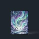 Northern Lights Night Sky Romantic Landscape Briefkaart<br><div class="desc">Celebrate love under the stars with this enchanting Celestial Aurora Borealis wedding design featuring a romantic watercolor night landscape. A couple walks hand in hand along a glowing river beneath a breathtaking sky filled with northern lights, constellations, planets, and shimmering stars. Surrounded by mystical mountains and crystals, the magical scene...</div>