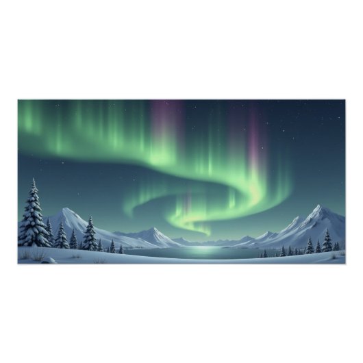 Northern Lights Over Snowy Mountains Perfect Poster (Voorkant)