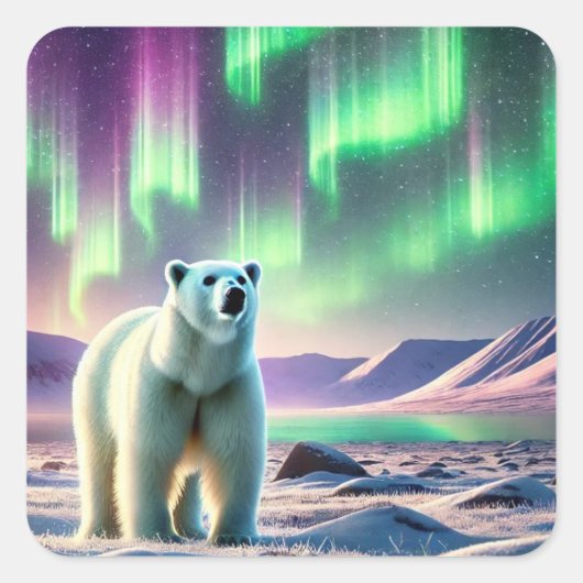 Northern Lights with Polar Bear  Vierkante Sticker (Voorkant)