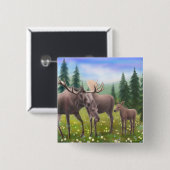 Northern Moose Family PIn Vierkante Button 5,1 Cm (Voorkant /achterkant)