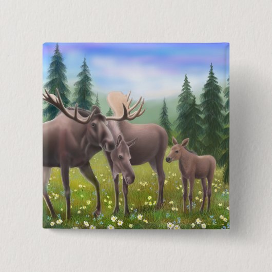 Northern Moose Family PIn Vierkante Button 5,1 Cm (Voorkant)