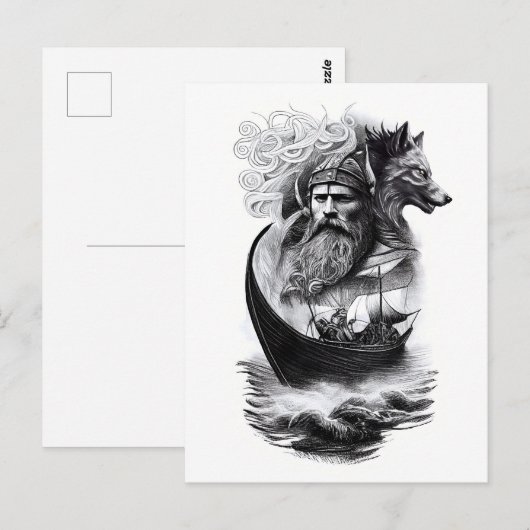 northern mythology Odin Fenriswolf and viking ship Briefkaart (Voorkant / Achterkant)