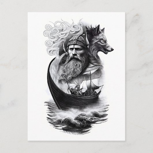 northern mythology Odin Fenriswolf and viking ship Briefkaart (Voorkant)