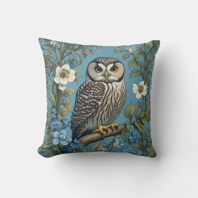 Northern Saw-Whet Owl William Morris Inspired Kussen (Voorkant)