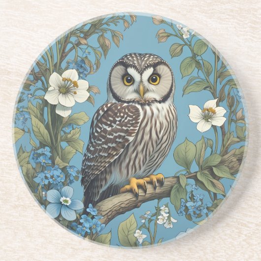 Northern Saw-Whet Owl William Morris Inspired Zandsteen Onderzetter (Voorkant)
