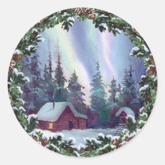 NORTHERNLIGHTS LOG CABIN & WREATH by SHARON SHARPE Ronde Sticker (Voorkant)