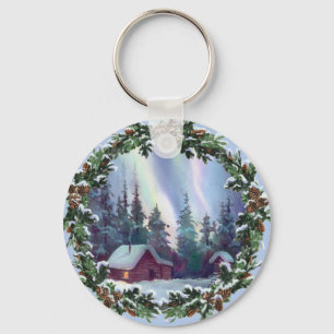 NORTHERNLIGHTS LOG CABIN & WREATH by SHARON SHARPE Sleutelhanger