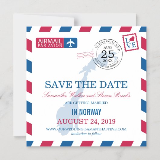 Norway Airmail Bewaar de datum Magnetische Uitnodiging (Voorkant)