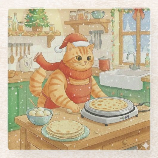 Norwegian Cat Making Christmas Lefse, Coaster Glazen Onderzetter (Voorkant)