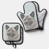 Norwegian Elkhound Schilderij Schattigee originele Ovenwant & Pannenlap Set (Voorkant / Achterkant)