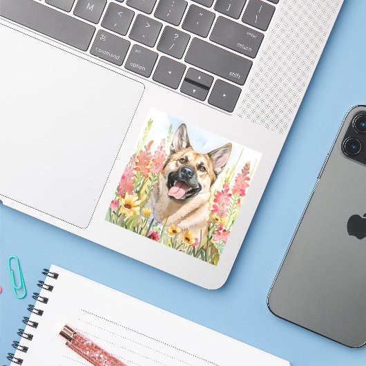 Norwegian Elkhound Watercolor Sticker (Laptop met iPhone)