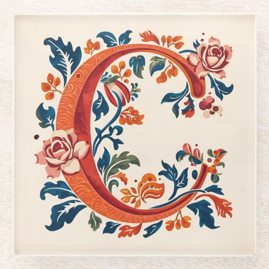 Norwegian Norway Rosemaling Initial C Glazen Onderzetter (Voorkant)