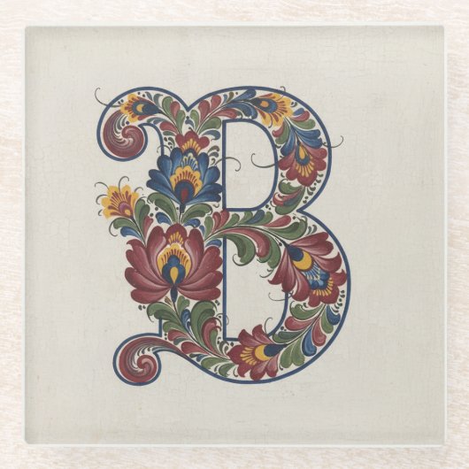 Norwegian Rosemaling Initial B, Glass Coaster Glazen Onderzetter (Voorkant)