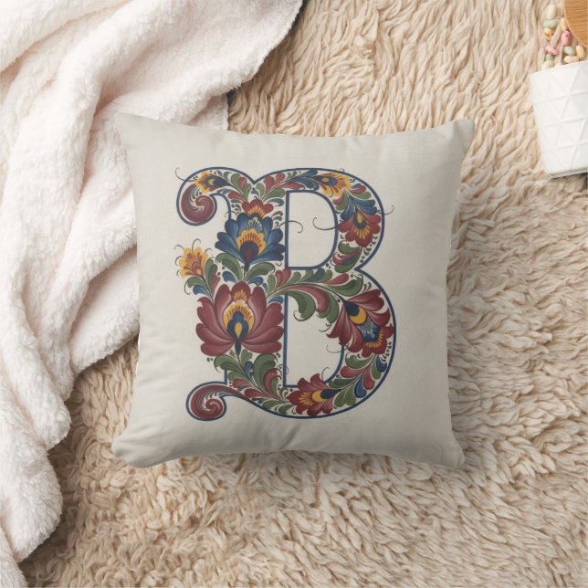 Norwegian Rosemaling Initial B, Throw Pillow Kussen (Deken)