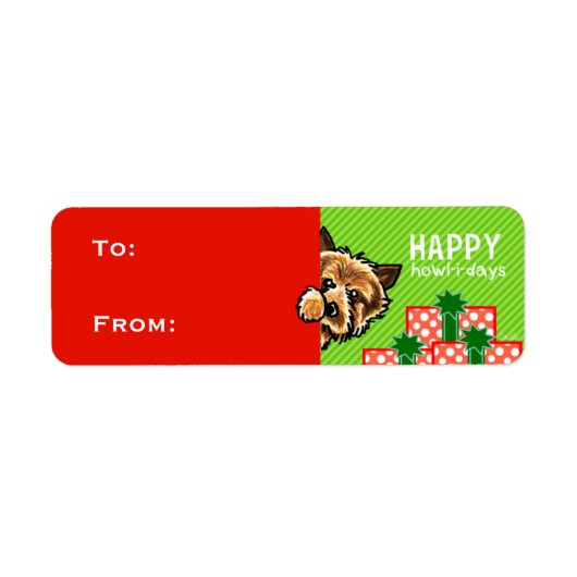 Norwich Terrier met kerstcadeaus Red Green Etiket (Voorkant)