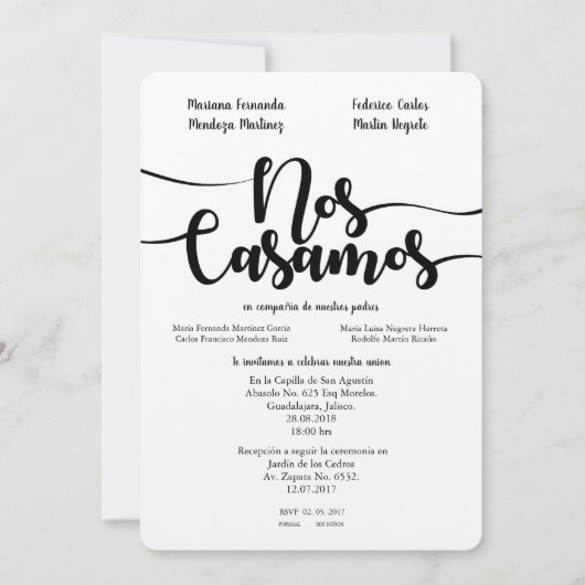 NOS CASAMOS SPAANSE WEDDIN INVITATIE KAART (Voorkant)
