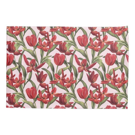 Nosegay Roze achtergrond met rode tulpen Kussensloop (Achterkant)