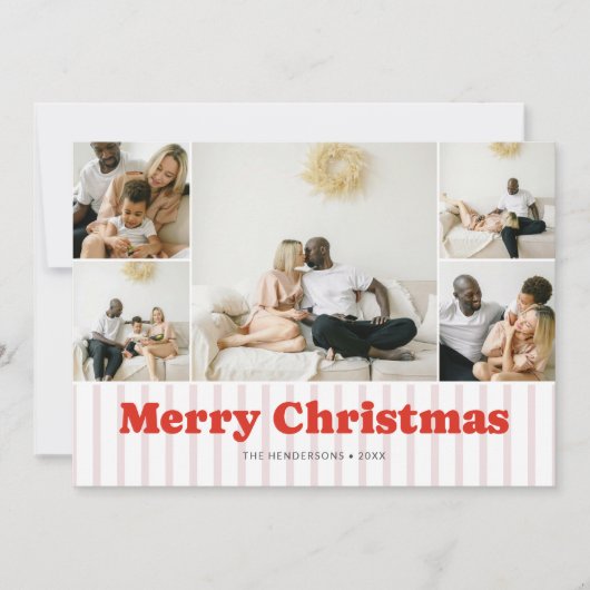 Nostalgia Retro Christmas Red Striped 7 Photo Feestdagenkaart (Voorkant)