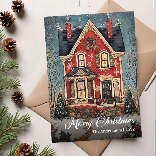 Nostalgic Christmas House Digital Holiday Card Feestdagenkaart