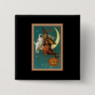 Nostalgic Happy Halloween Witch & Owl Vierkante Button 5,1 Cm
