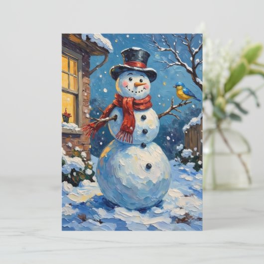 Nostalgic Happy Snowman with Bluebird Winter Scene Feestdagenkaart (Staand voorkant)