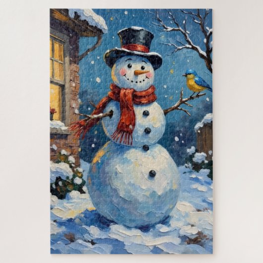 Nostalgic Happy Snowman with Bluebird Winter Scene Legpuzzel (Verticaal)