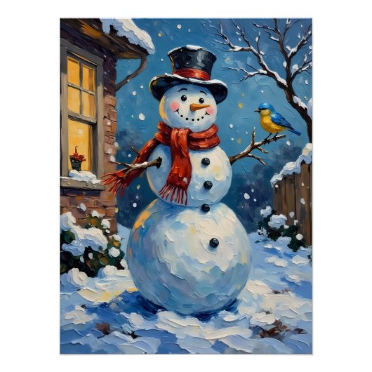 Nostalgic Happy Snowman with Bluebird Winter Scene Perfect Poster (Voorkant)