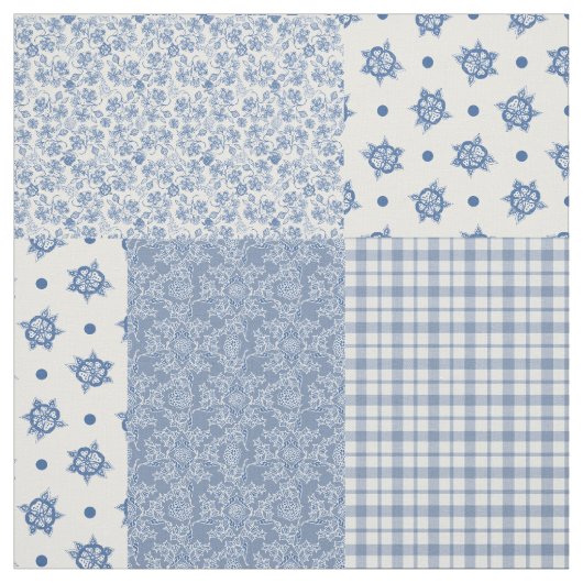 Nostalgic Indigo Blue Faux Patchwork Fabric Stof (Swatch)