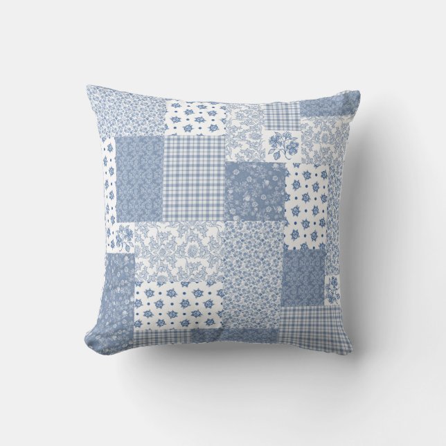 Nostalgic Indigo Faux Patchwork Pillow of Cushion Kussen (Voorkant)