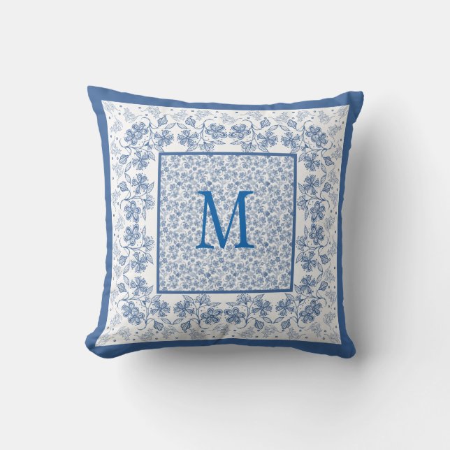 Nostalgic Monogram Indigo Floral Border Kussen (Voorkant)