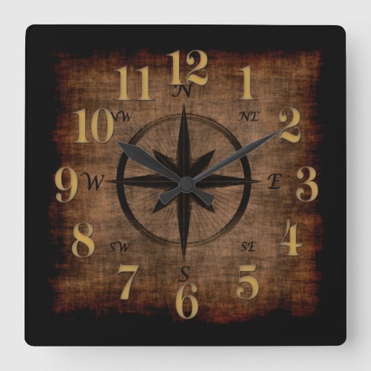 Nostalgic Old Compass-Roos Vierkante Klok (Voorkant)