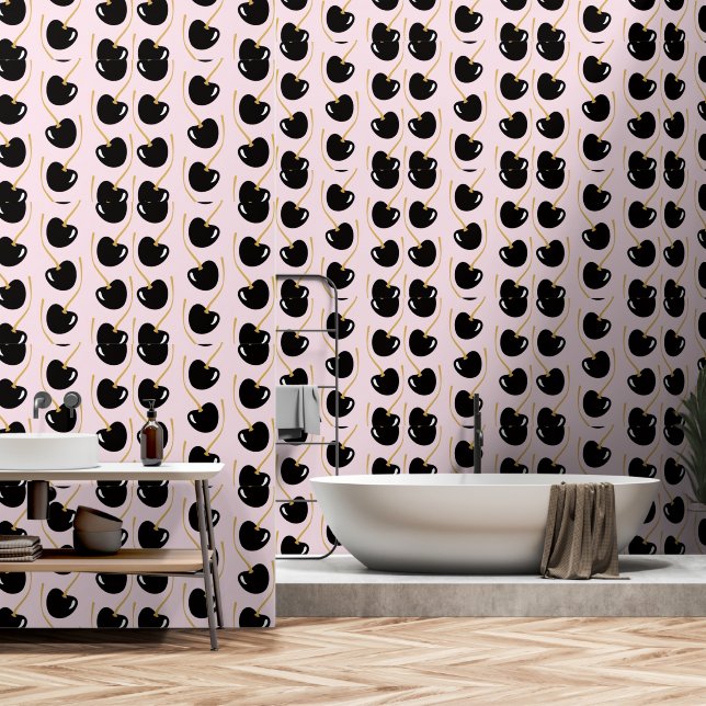 Nostalgic powder pink black cherry wallpaper  behang (Badkamer)